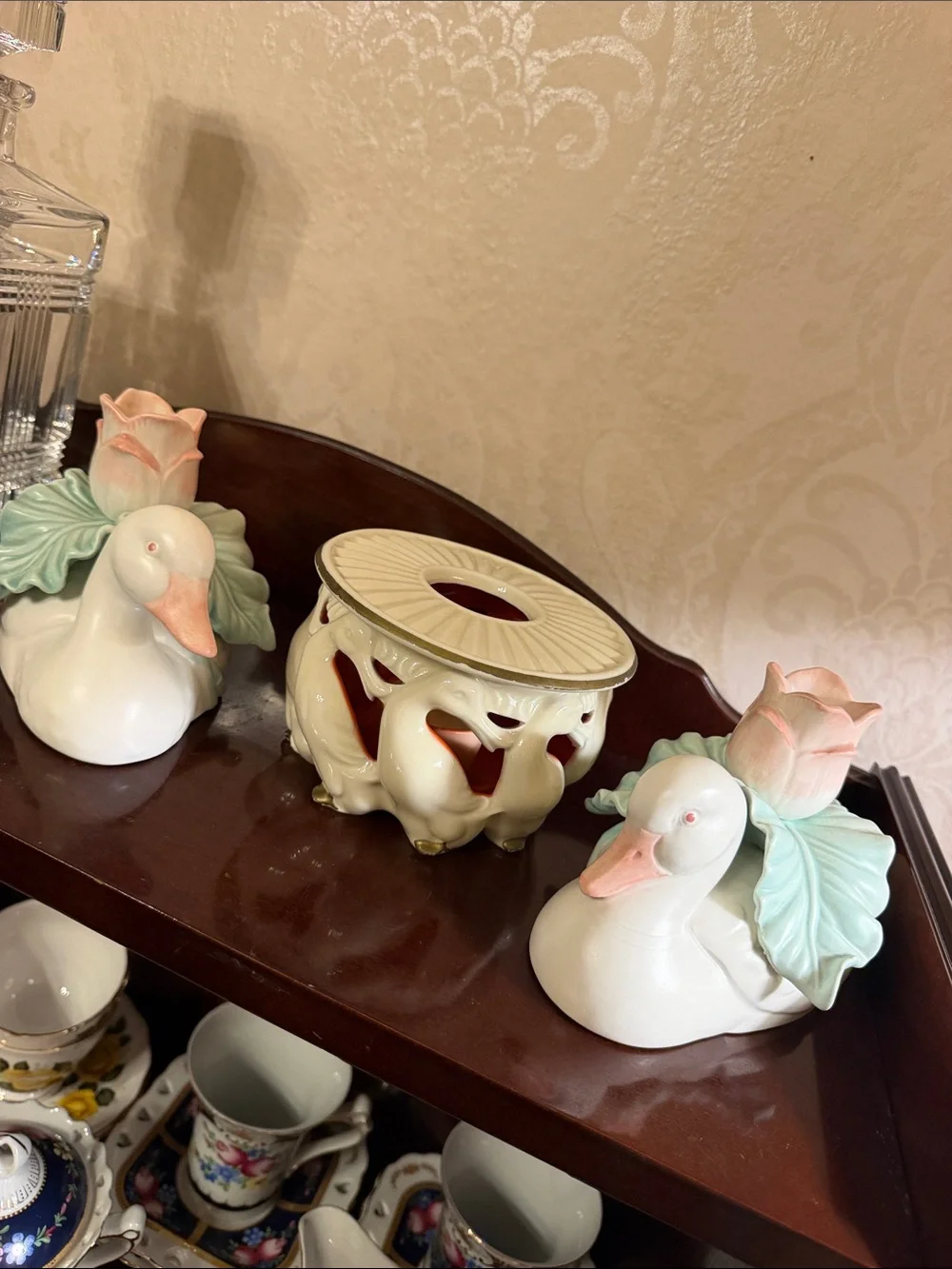 Set of 3 candle holders  Duck Figurine with Pink Flowers